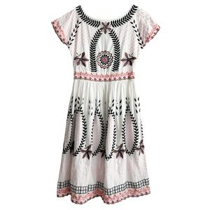 Lovely Alex.Max Boho Hand Embroidered Floral White Cotton Dress S/M EPC